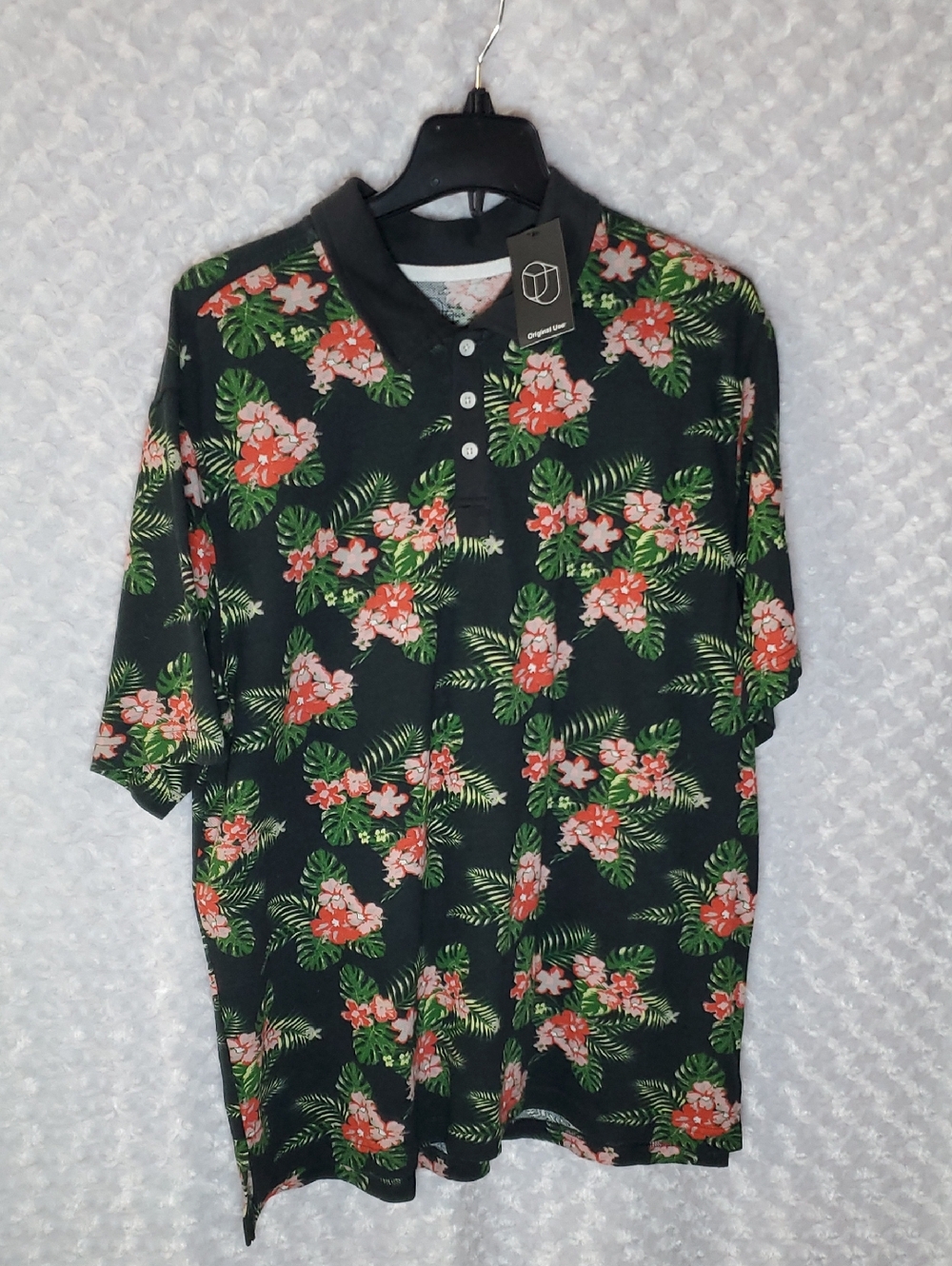 Original Use Men's Black Floral Polo Shirt with Coral Accents L